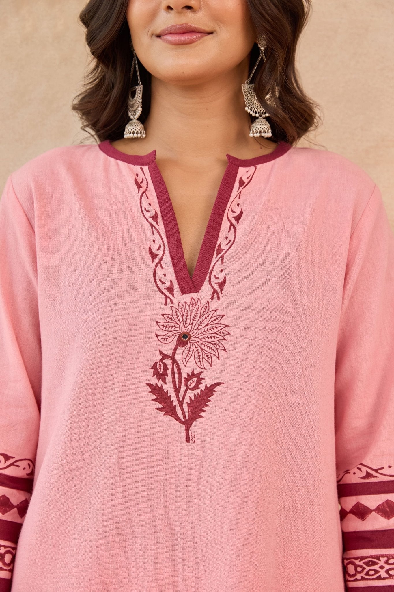 Pink-Maroon Floral Hand Block Print Embroirdered Farsi Salwar Co-ord Set - Tara-C-Tara