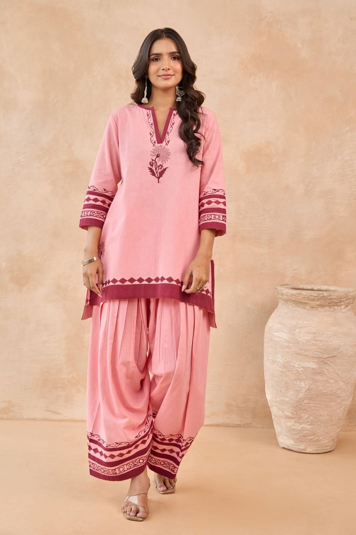 Pink-Maroon Floral Hand Block Print Embroirdered Farsi Salwar Co-ord Set - Tara-C-Tara