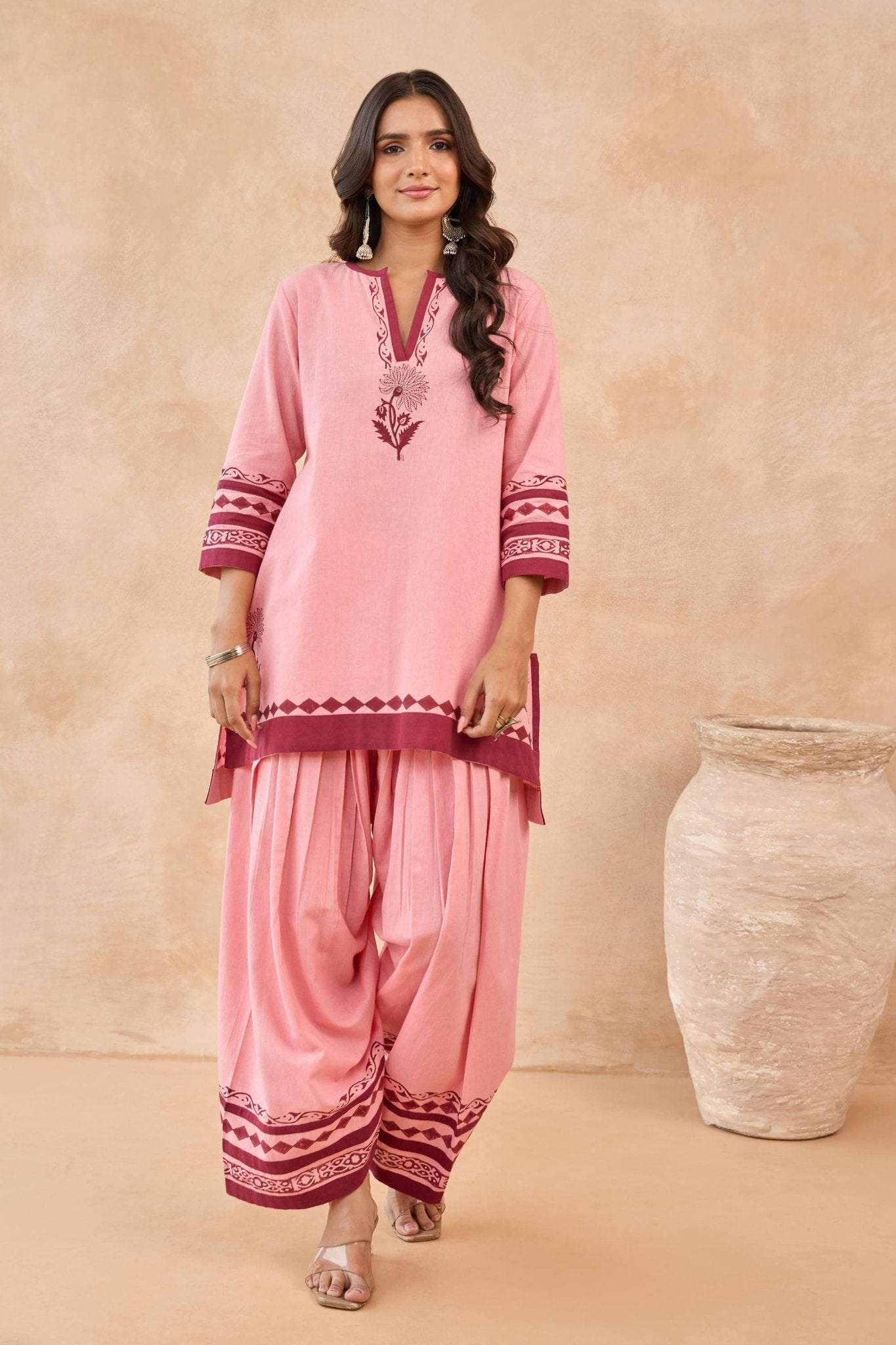 Pink-Maroon Floral Hand Block Print Embroirdered Farsi Salwar Co-ord Set - Tara-C-Tara