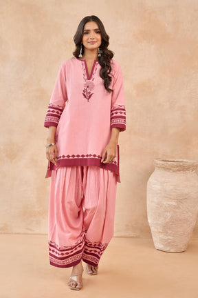Pink-Maroon Floral Hand Block Print Embroirdered Farsi Salwar Co-ord Set - Tara-C-Tara