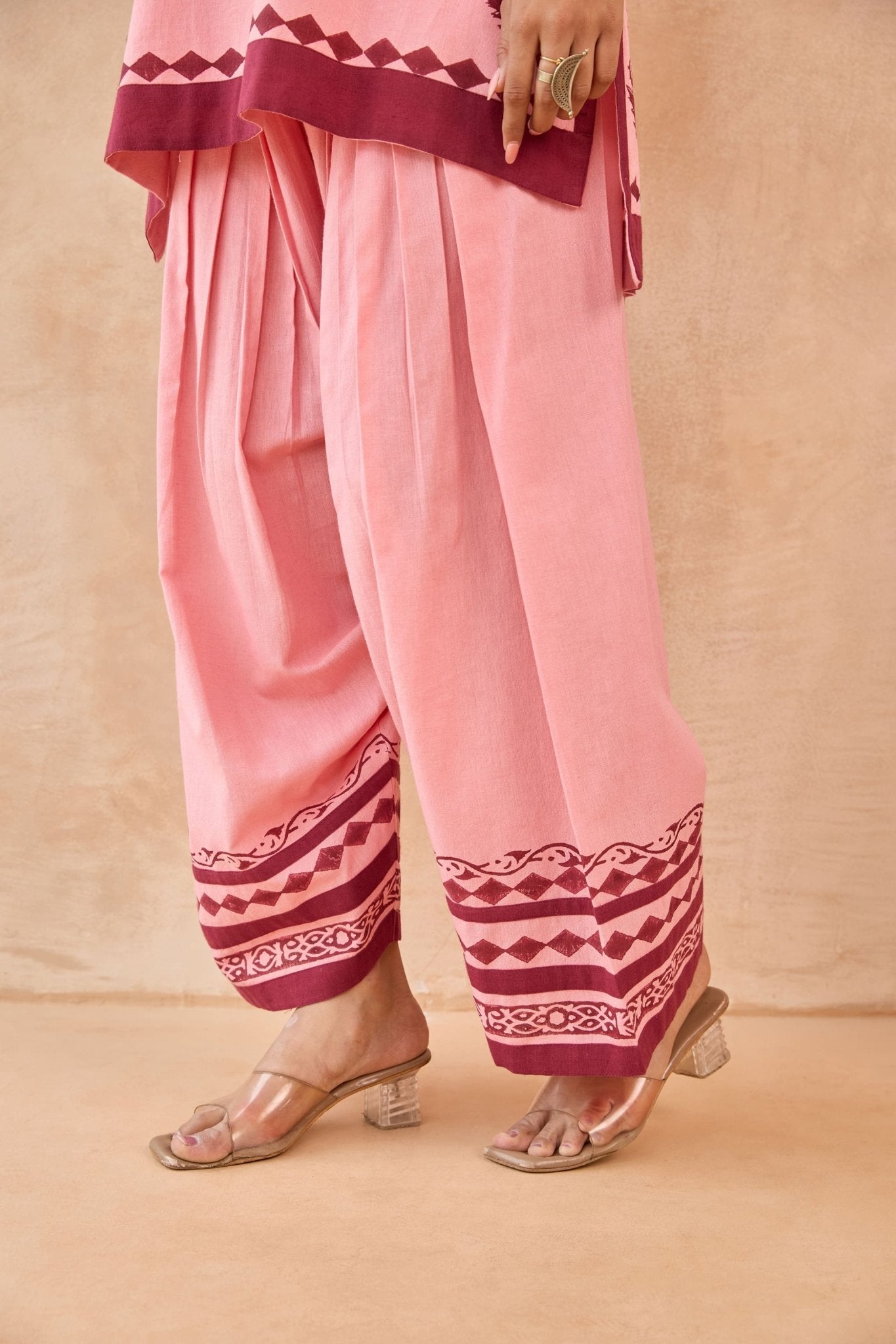 Pink-Maroon Floral Hand Block Print Embroirdered Farsi Salwar Co-ord Set - Tara-C-Tara