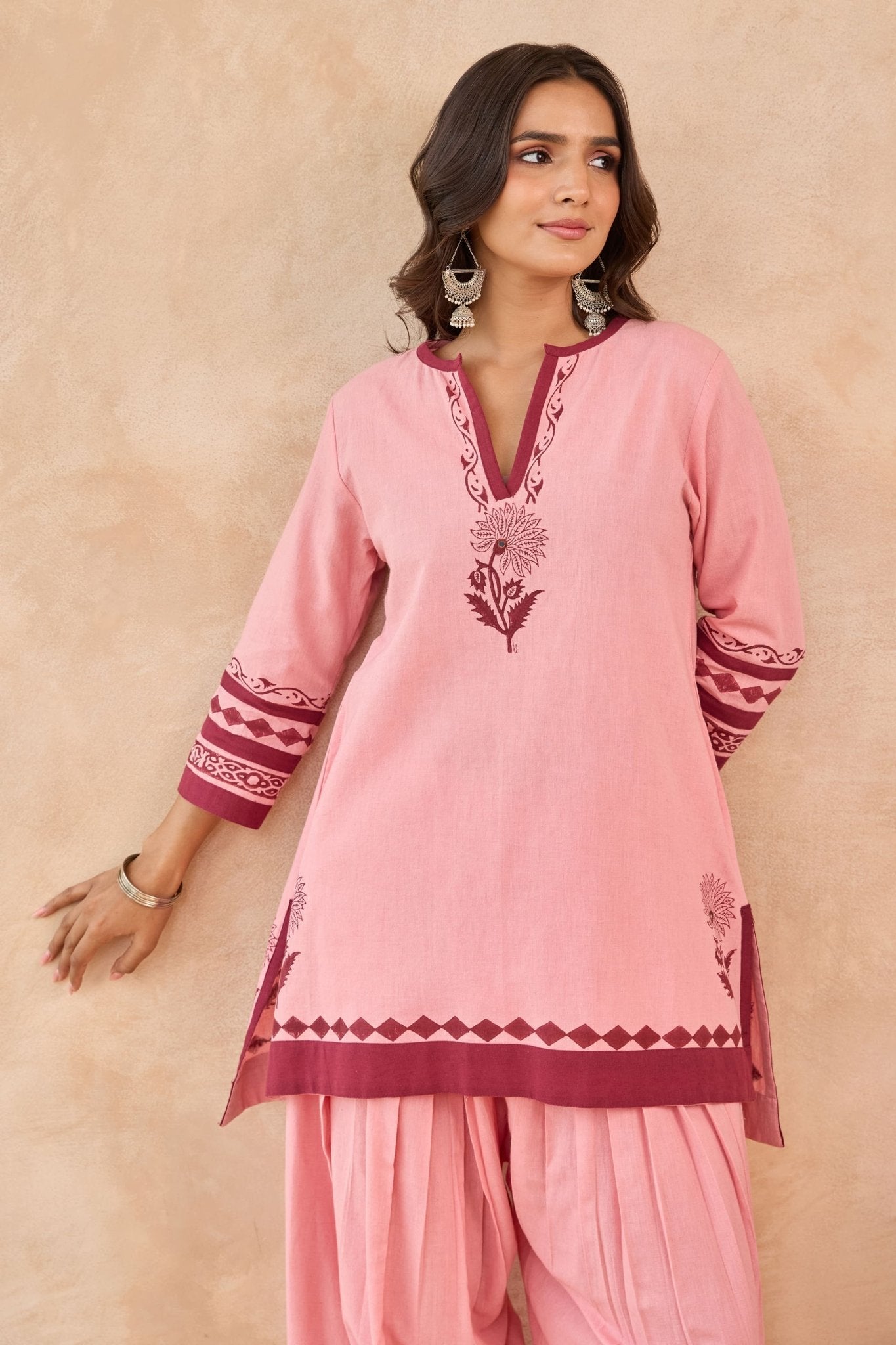 Pink-Maroon Floral Hand Block Print Embroirdered Farsi Salwar Co-ord Set - Tara-C-Tara