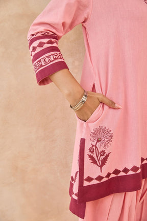 Pink-Maroon Floral Hand Block Print Embroirdered Farsi Salwar Co-ord Set - Tara-C-Tara