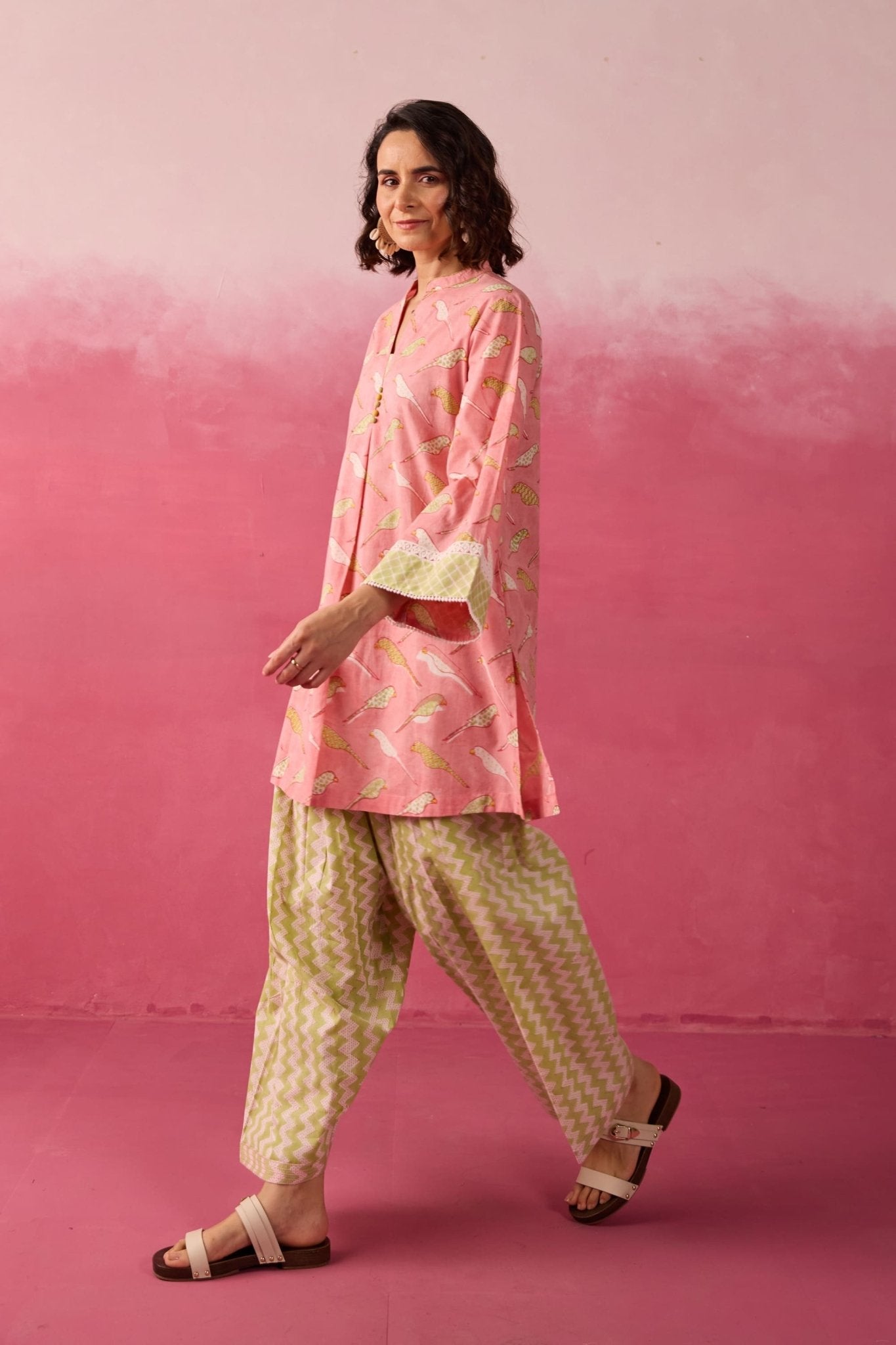 Pink Parakeet Print Cotton Farsi Salwar Co-ord Set - Tara-C-Tara