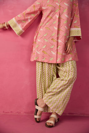 Pink Parakeet Print Cotton Farsi Salwar Co-ord Set - Tara-C-Tara