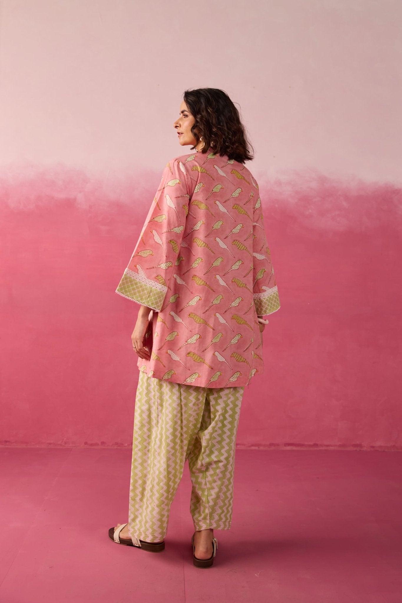 Pink Parakeet Print Cotton Farsi Salwar Co-ord Set - Tara-C-Tara