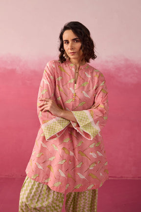 Pink Parakeet Print Cotton Farsi Salwar Co-ord Set - Tara-C-Tara