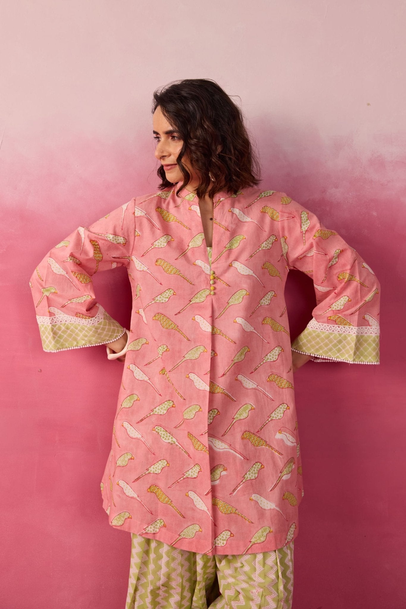 Pink Parakeet Print Cotton Farsi Salwar Co-ord Set - Tara-C-Tara
