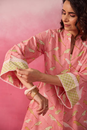 Pink Parakeet Print Cotton Farsi Salwar Co-ord Set - Tara-C-Tara