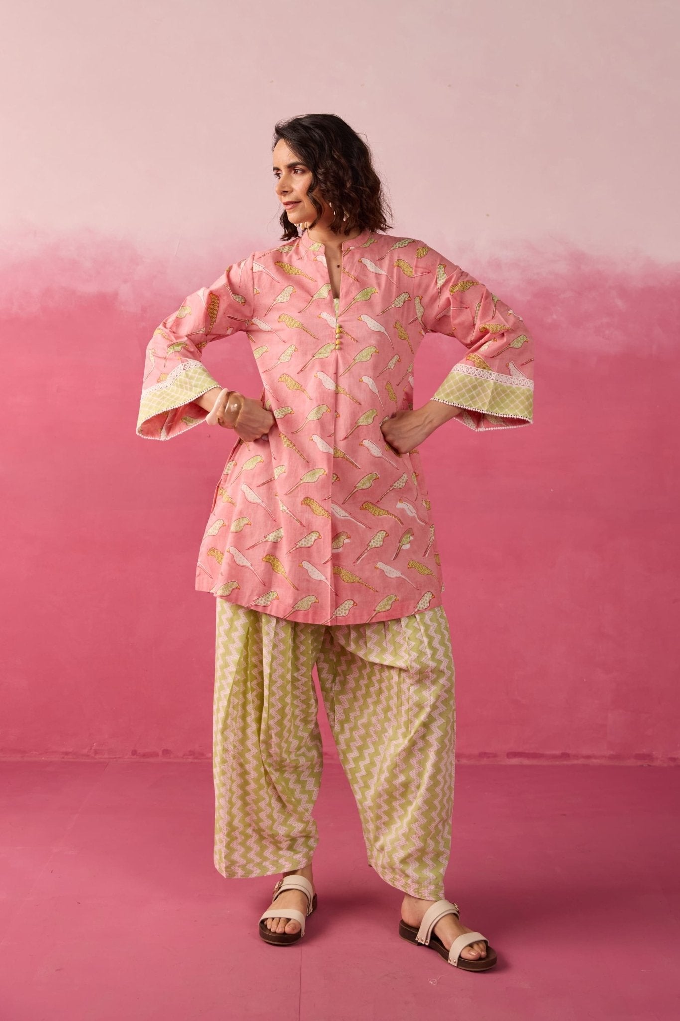 Pink Parakeet Print Cotton Farsi Salwar Co-ord Set - Tara-C-Tara