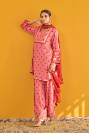 Pink Polka Dot Farshi Salwar Suit Set With Dupatta - Tara - C - Tara