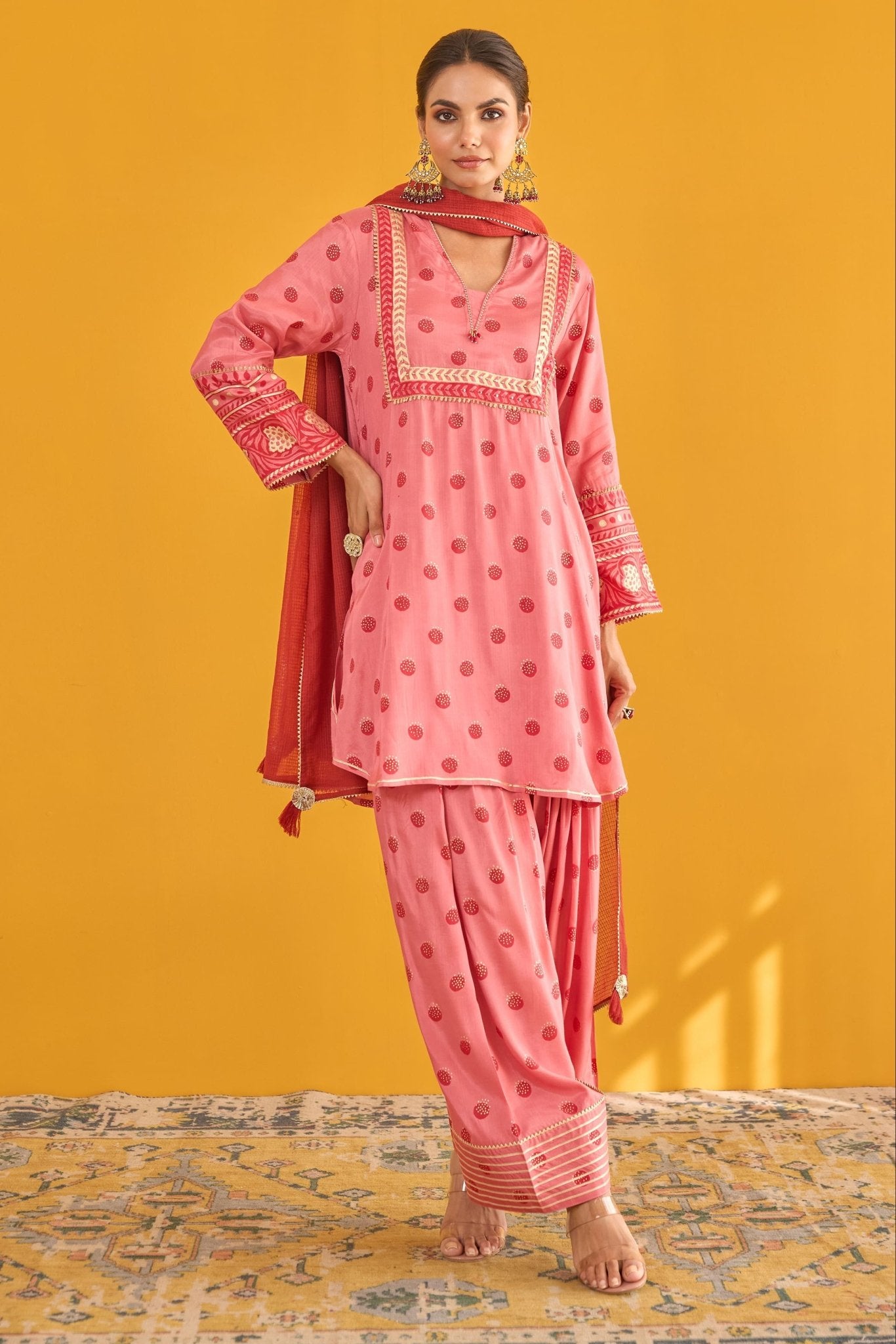 Pink Polka Dot Farshi Salwar Suit Set With Dupatta - Tara - C - Tara