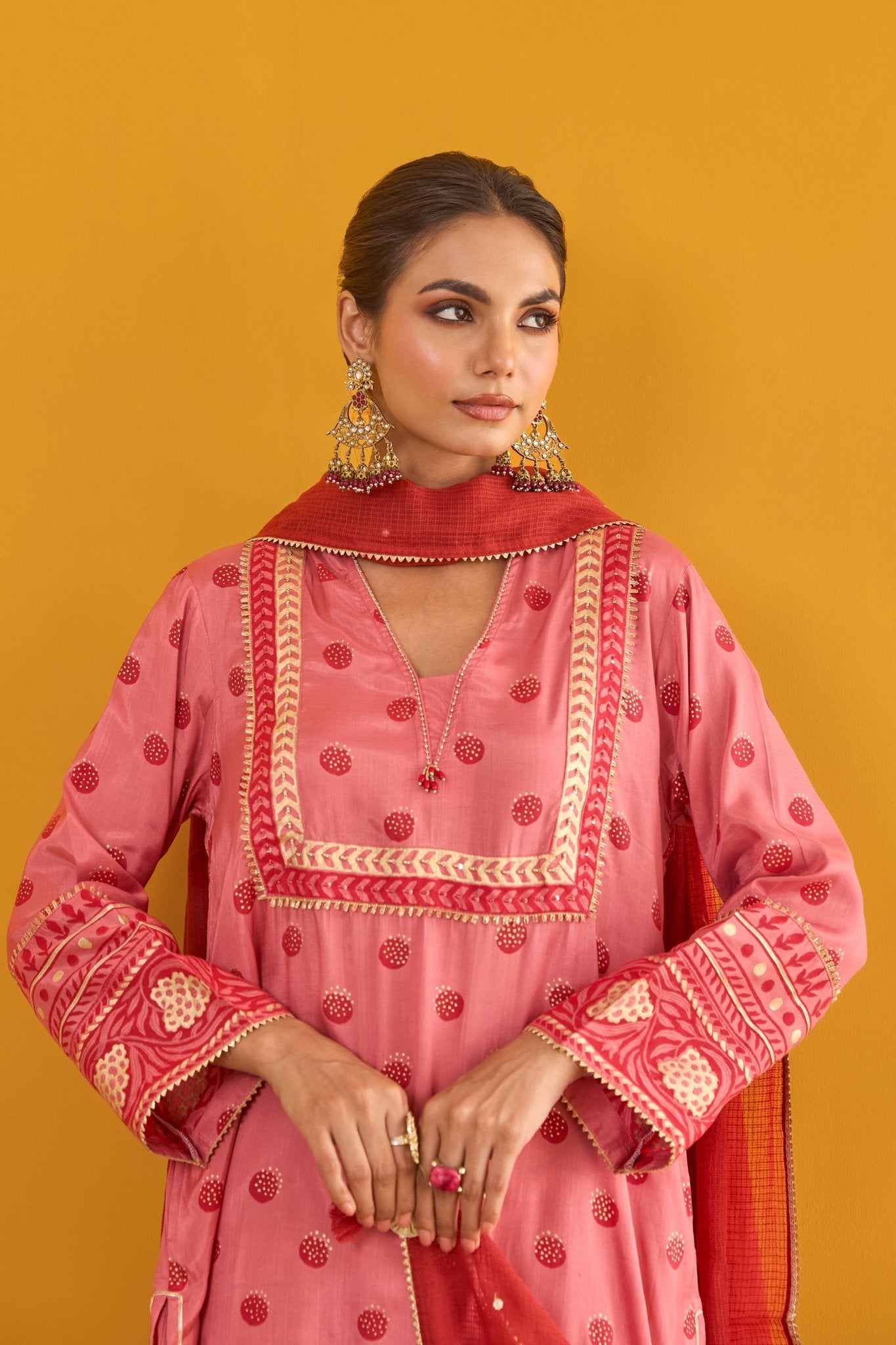 Pink Polka Dot Farshi Salwar Suit Set With Dupatta - Tara - C - Tara