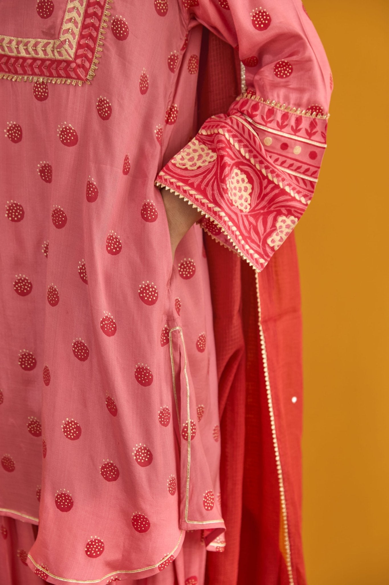 Pink Polka Dot Farshi Salwar Suit Set With Dupatta - Tara - C - Tara