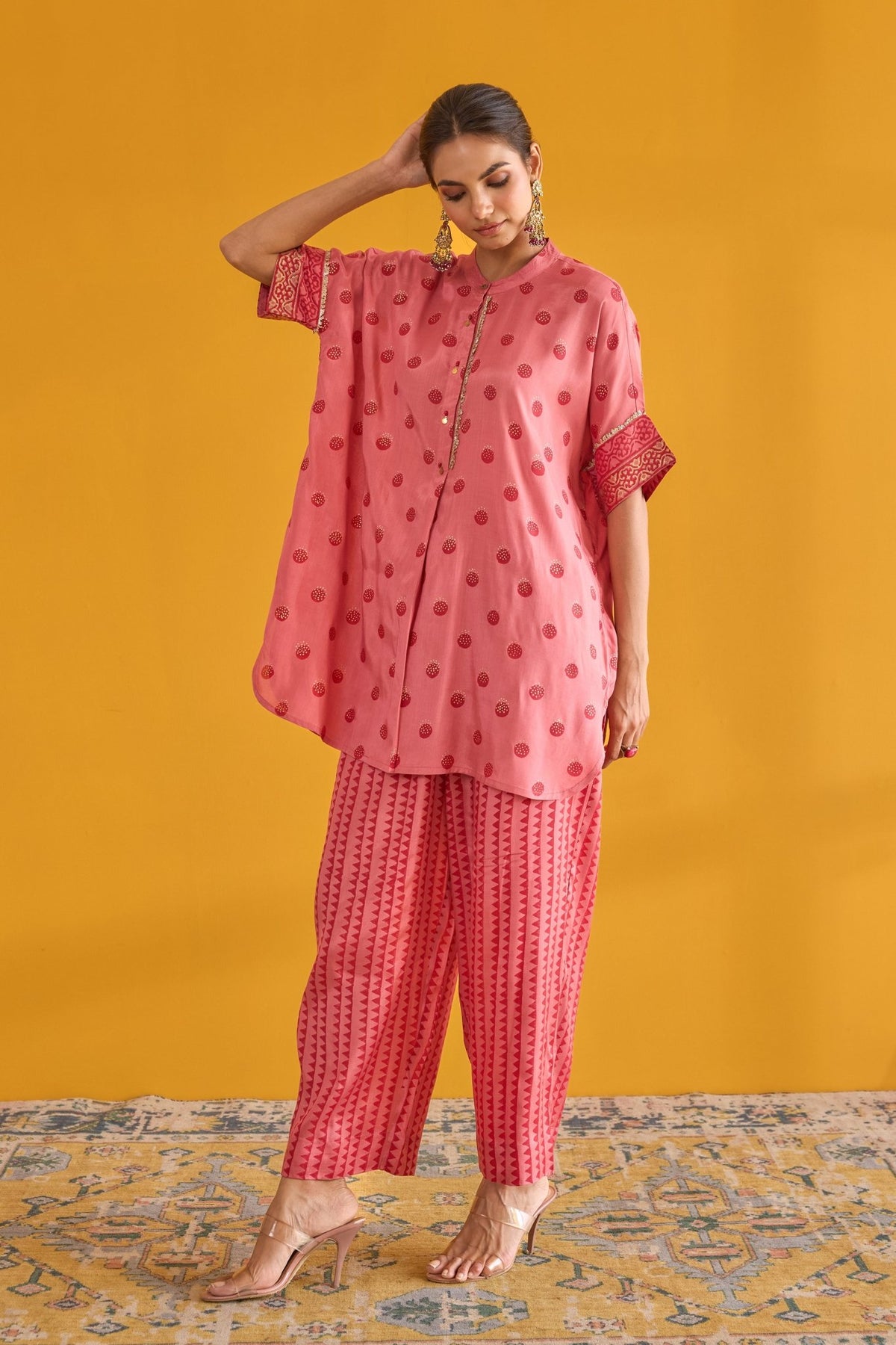 Pink Polka Hand Block Printed Coord Set - Tara - C - Tara