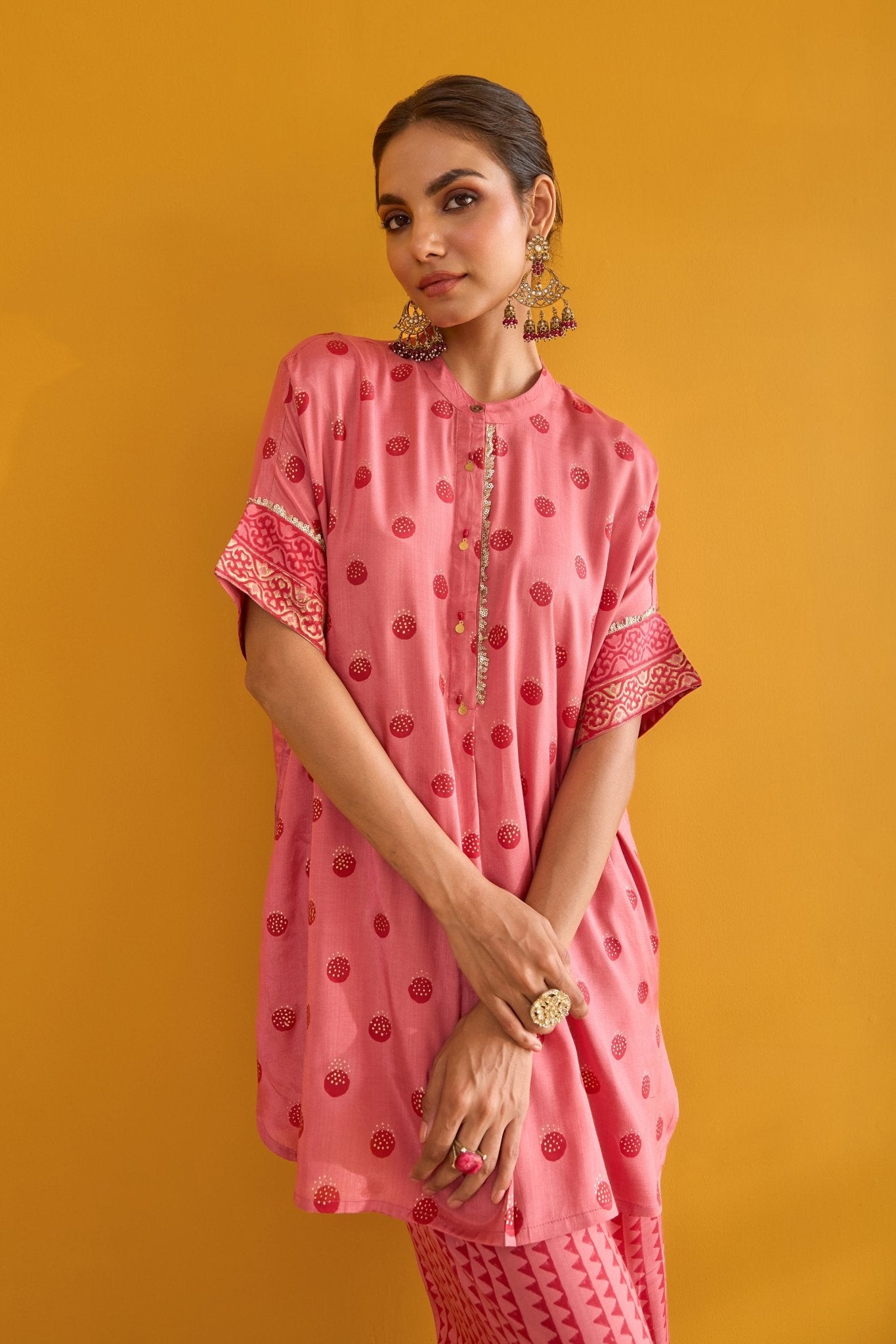 Pink Polka Hand Block Printed Coord Set - Tara - C - Tara