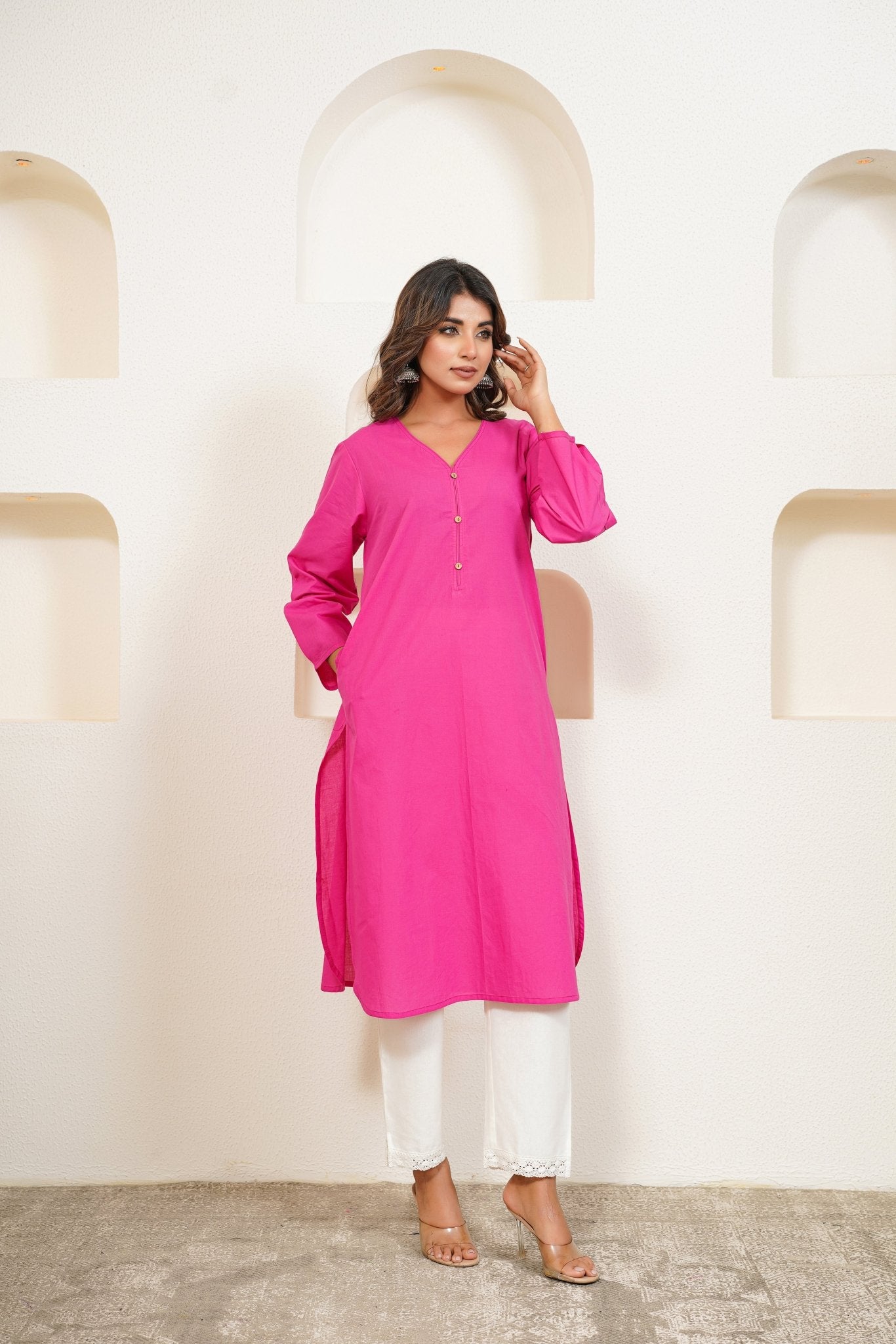 Pink Premium Cotton Long Kurta - Tara - C - Tara