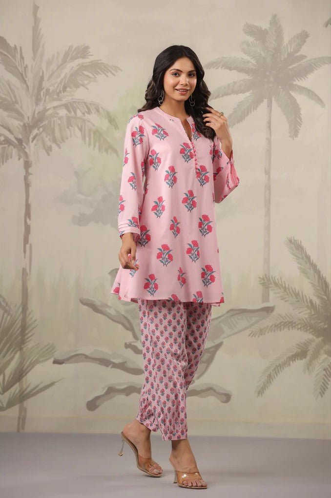 Pink Rose Floral Printed Coord Set - Tara - C - Tara