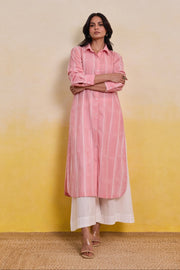 Pink Striped Shirt Kurta with White Palazz Co-ord Set