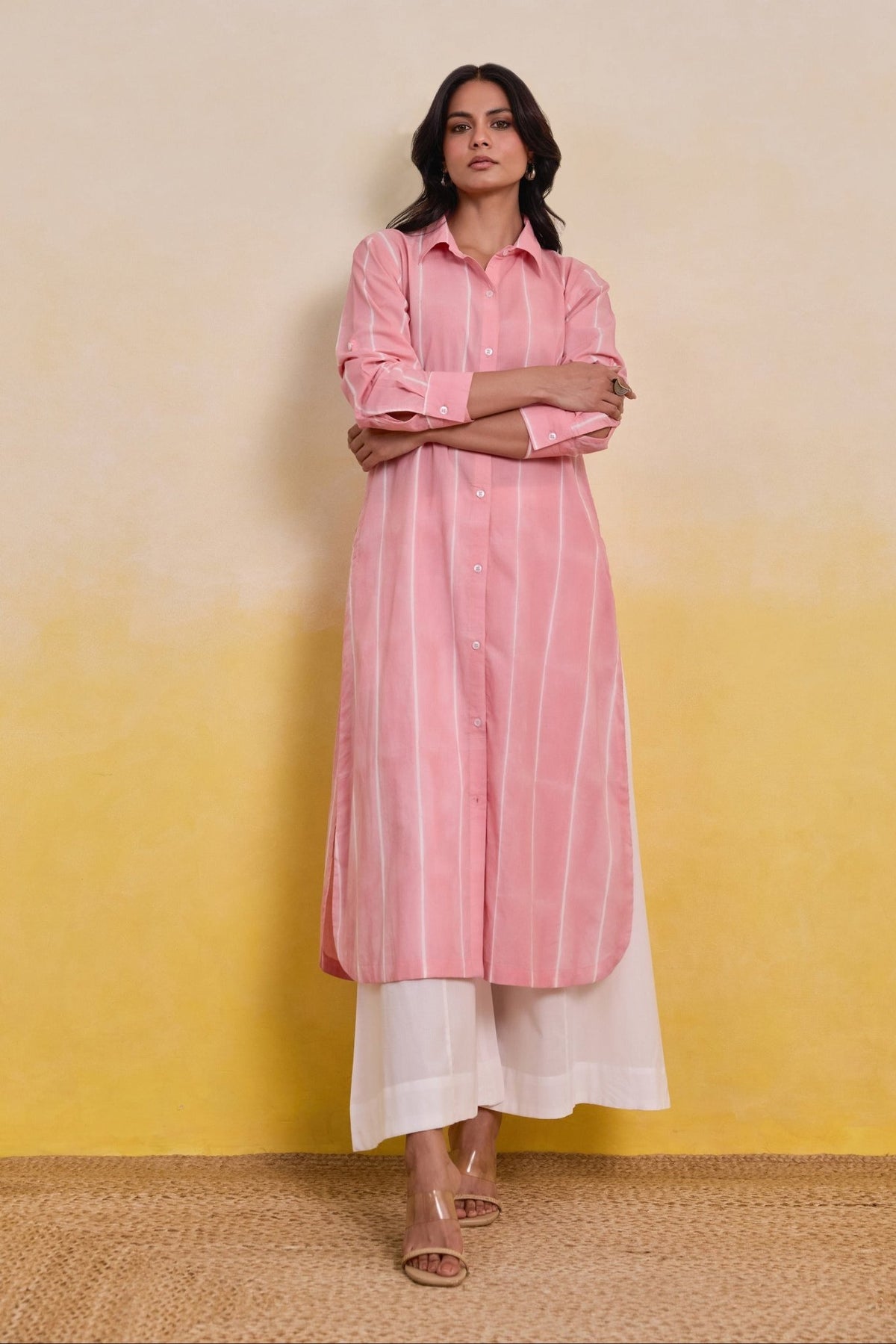 Pink Striped Shirt Kurta with White Palazz Co - ord Set - Tara - C - Tara