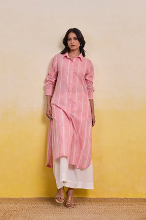 Pink Striped Shirt Kurta with White Palazz Co - ord Set - Tara - C - Tara