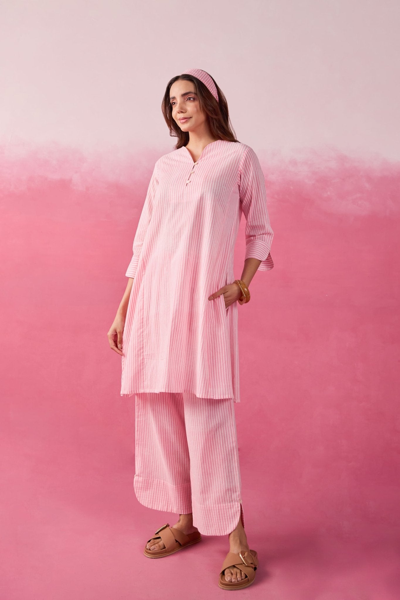 Pink & White Stripe Hand Block Printed Cotton Co-ord Set - Tara-C-Tara