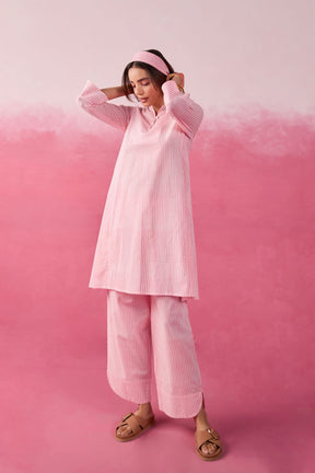 Pink & White Stripe Hand Block Printed Cotton Co-ord Set - Tara-C-Tara