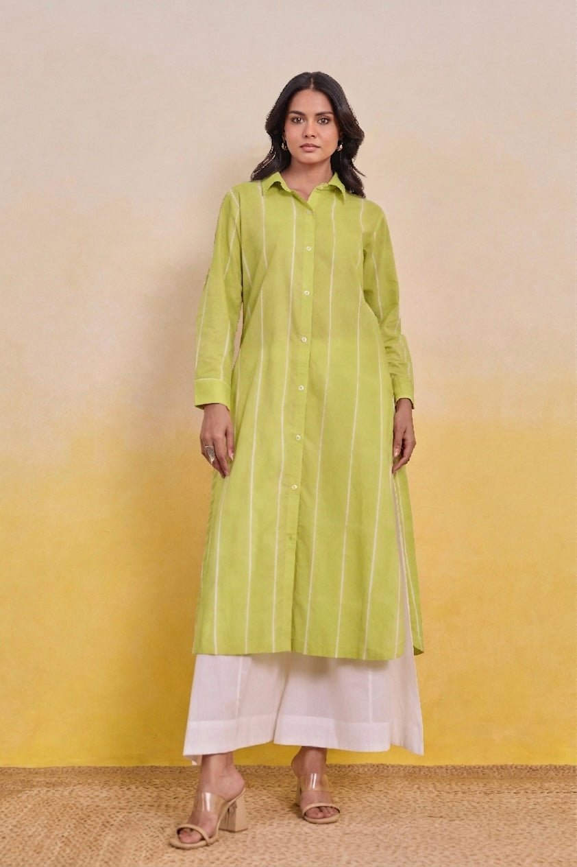 Pistachio Green Striped Shirt Kurti with White Palazzo Co - ord Set - Tara - C - Tara