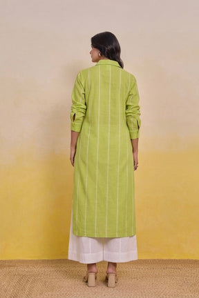 Pistachio Green Striped Shirt Kurti with White Palazzo Co - ord Set - Tara - C - Tara