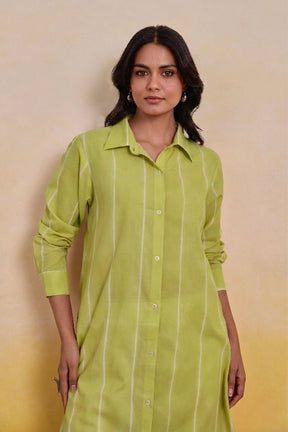 Pistachio Green Striped Shirt Kurti with White Palazzo Co - ord Set - Tara - C - Tara
