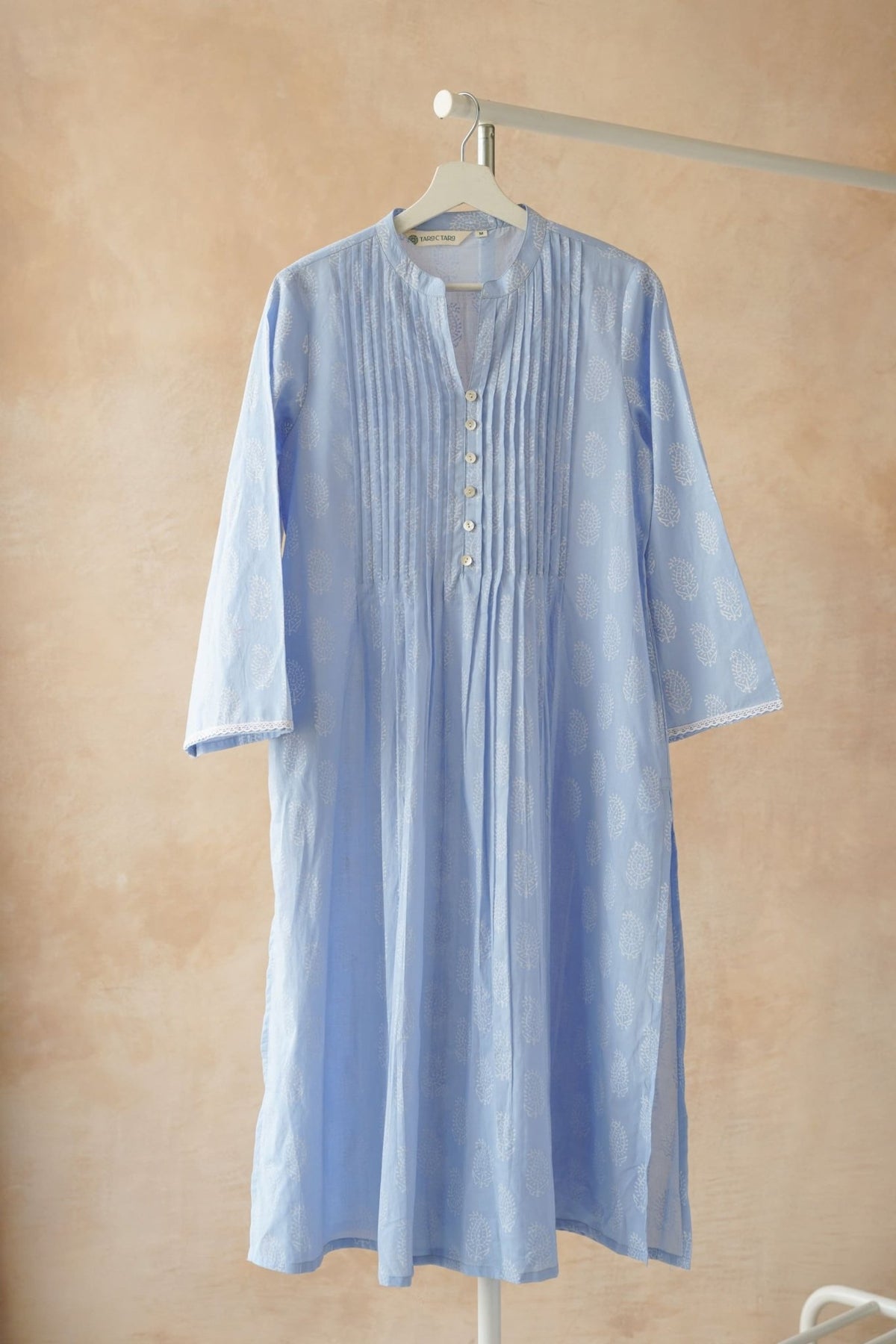 Powder Blue Hand Block Printed Pintuck Kurta - Tara - C - Tara