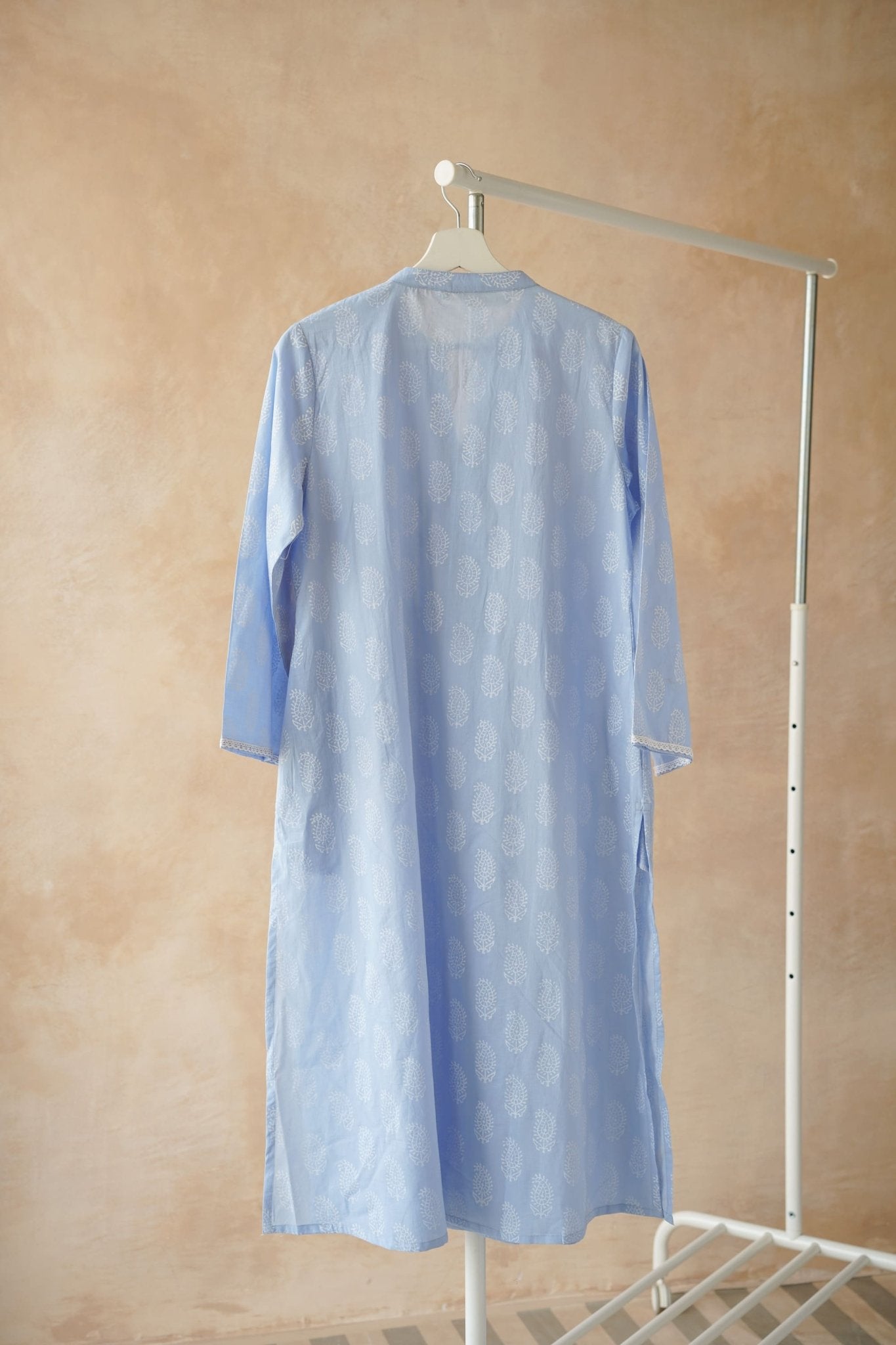 Powder Blue Hand Block Printed Pintuck Kurta - Tara - C - Tara