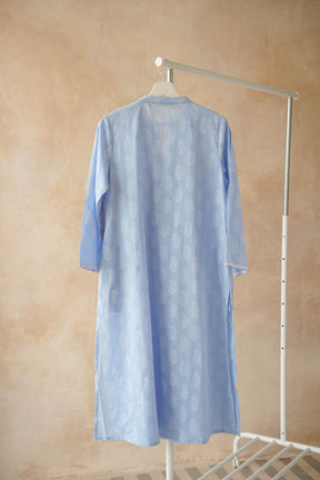 Powder Blue Hand Block Printed Pintuck Kurta - Tara - C - Tara