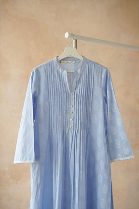 Powder Blue Hand Block Printed Pintuck Kurta - Tara - C - Tara