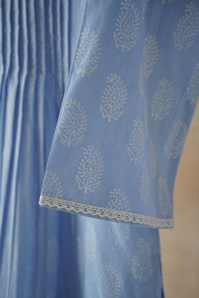 Powder Blue Hand Block Printed Pintuck Kurta - Tara - C - Tara