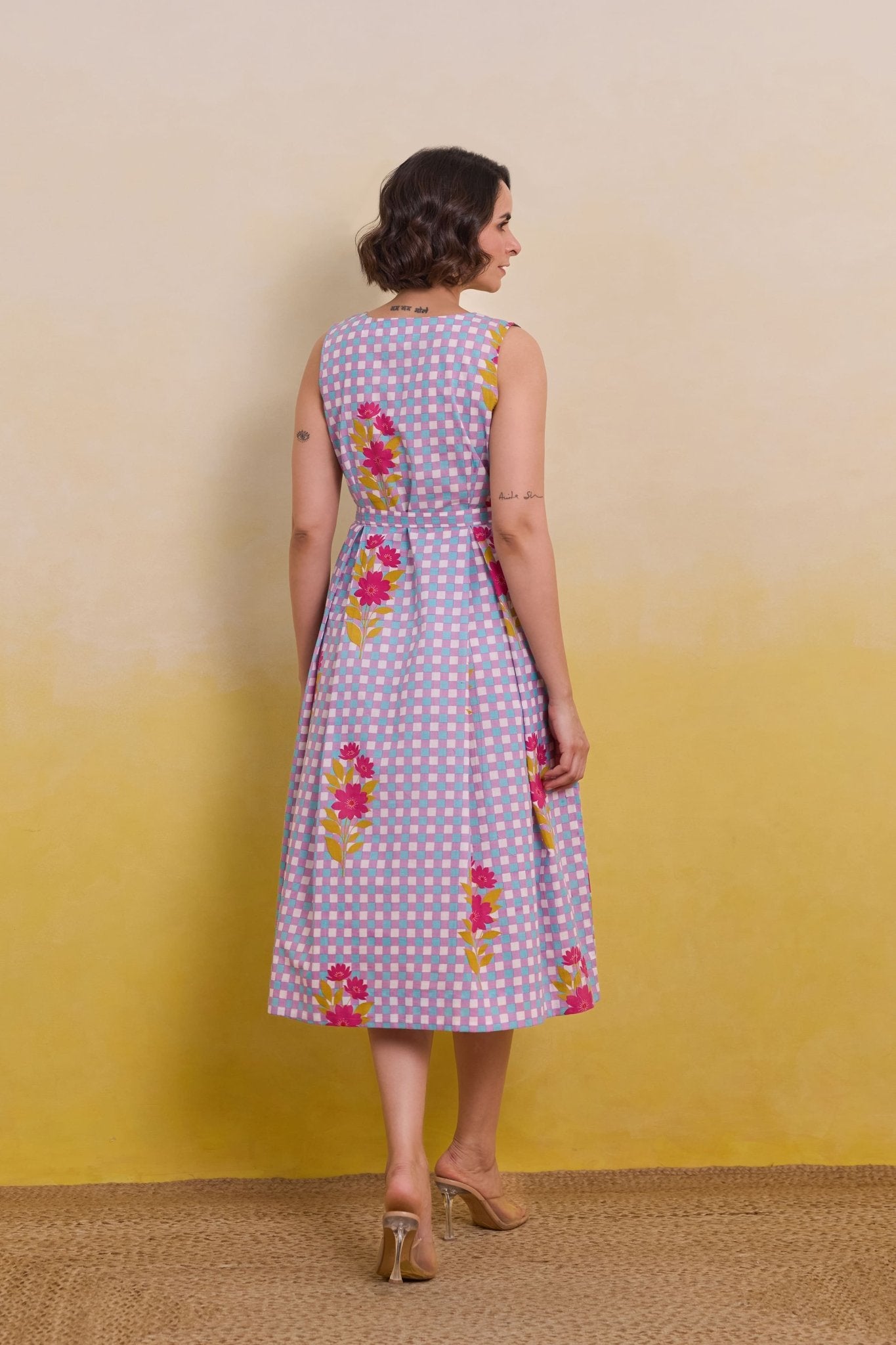 Purple checkered Floral Dress - Tara - C - Tara