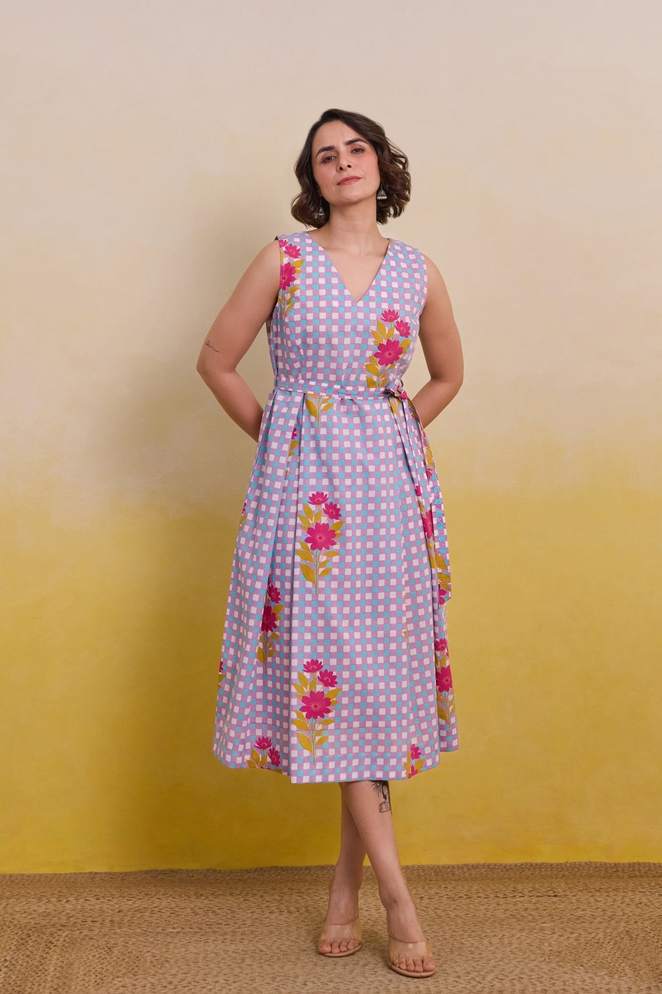 Purple checkered Floral Dress - Tara - C - Tara