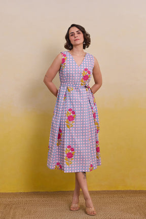 Purple checkered Floral Dress - Tara - C - Tara