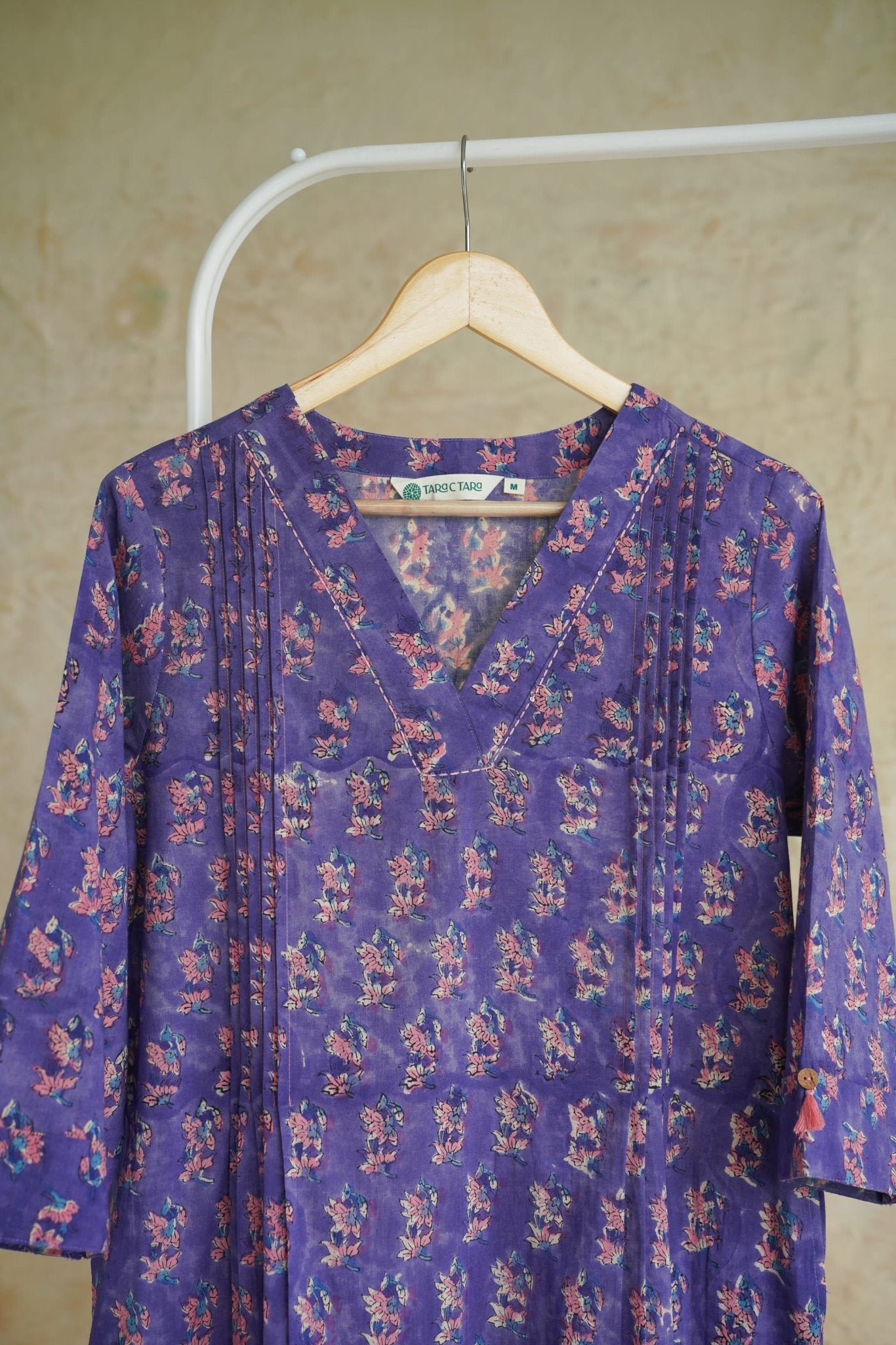Purple Floral Booti Hand Block Print Cotton Kurta - Tara-C-Tara