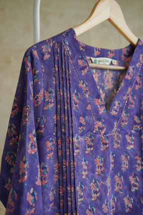 Purple Floral Booti Hand Block Print Cotton Kurta - Tara-C-Tara