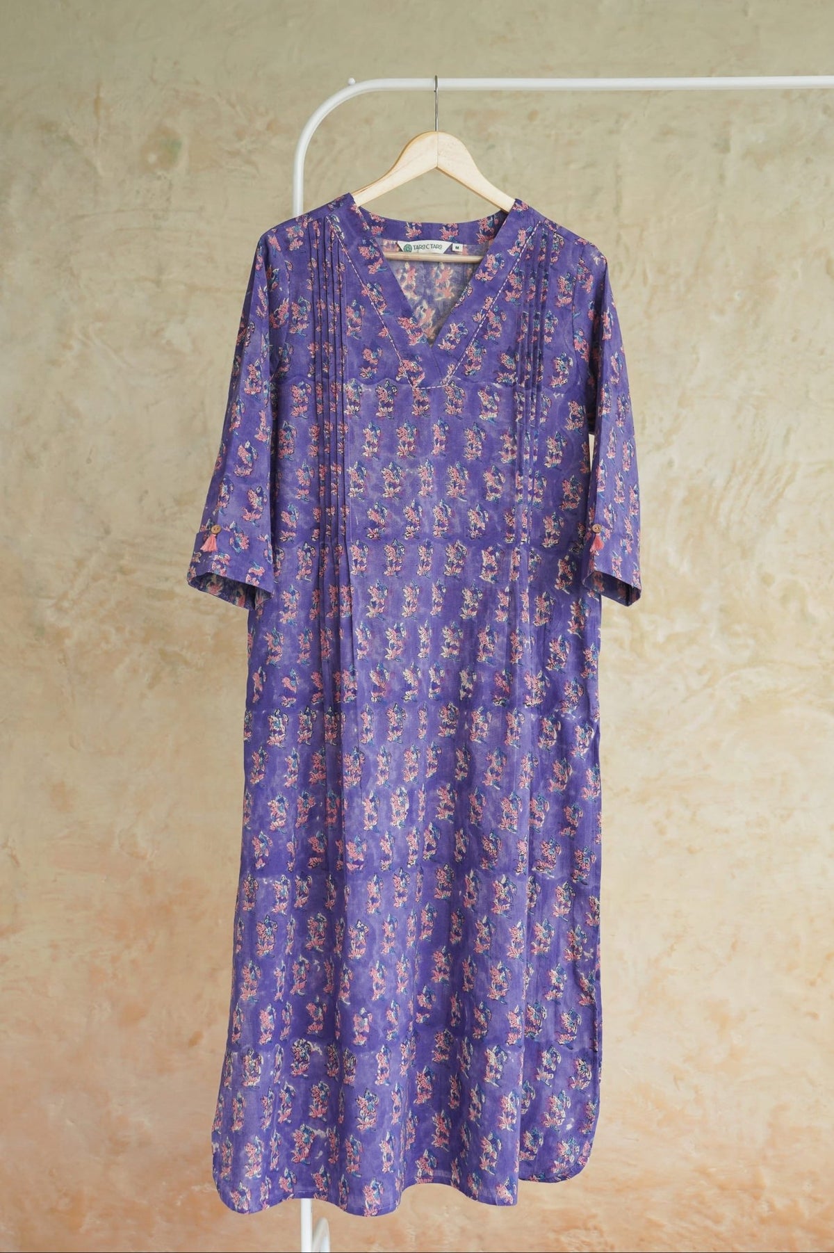 Purple Floral Booti Hand Block Print Cotton Kurta - Tara-C-Tara