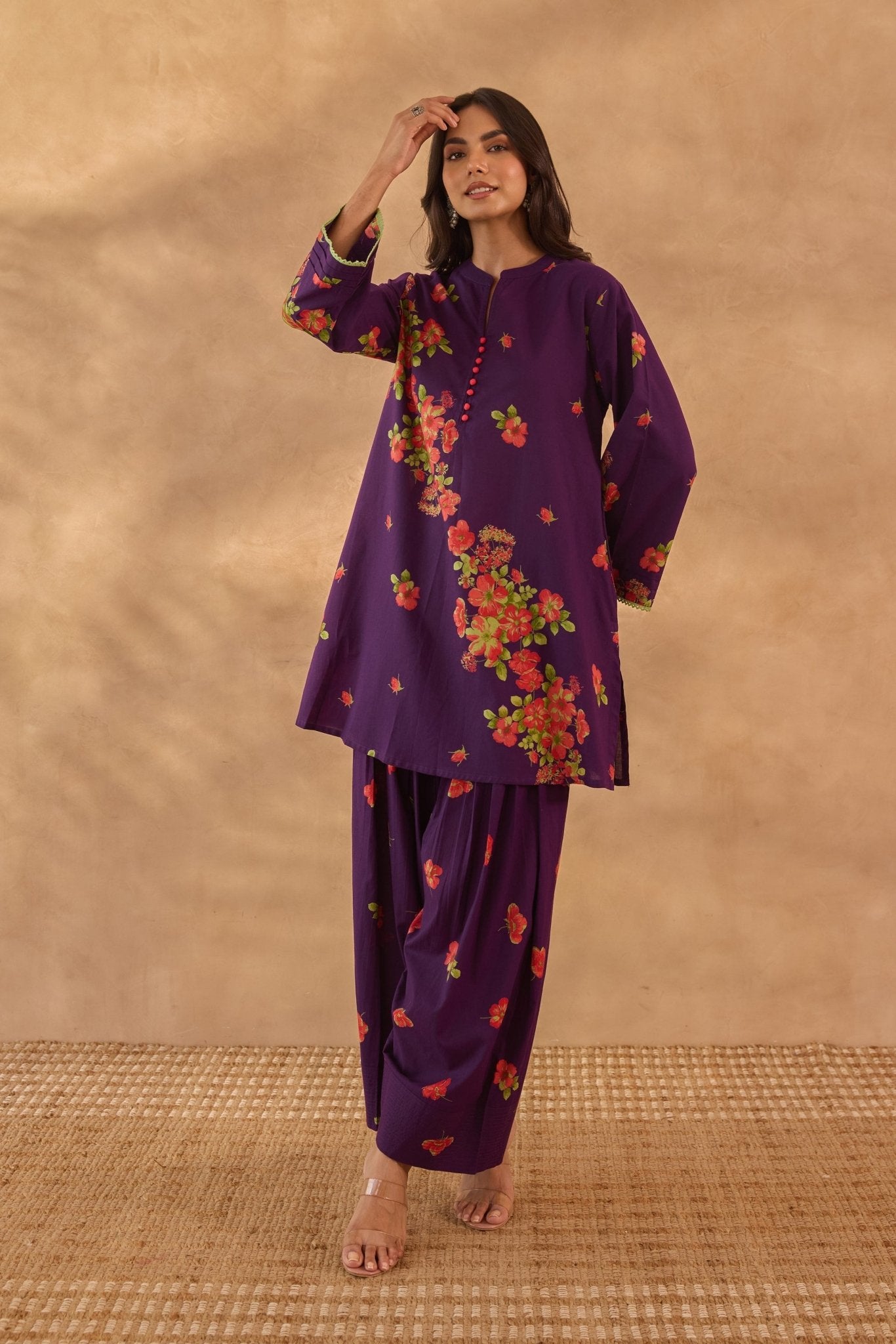 Purple Floral Farshi Salwar Coord Set - Tara - C - Tara