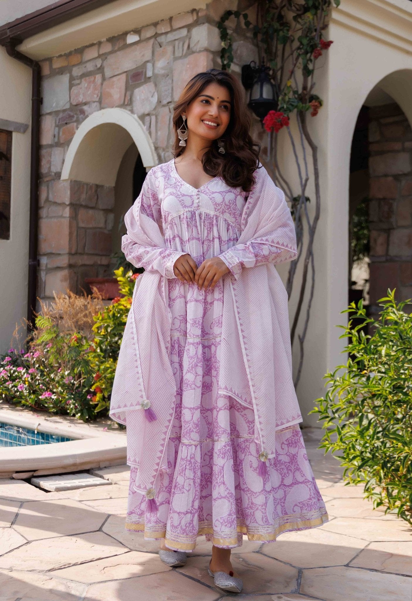 Purple floral tiered long dress with Pants and doriya dupatta (3pc set) - Tara-C-Tara