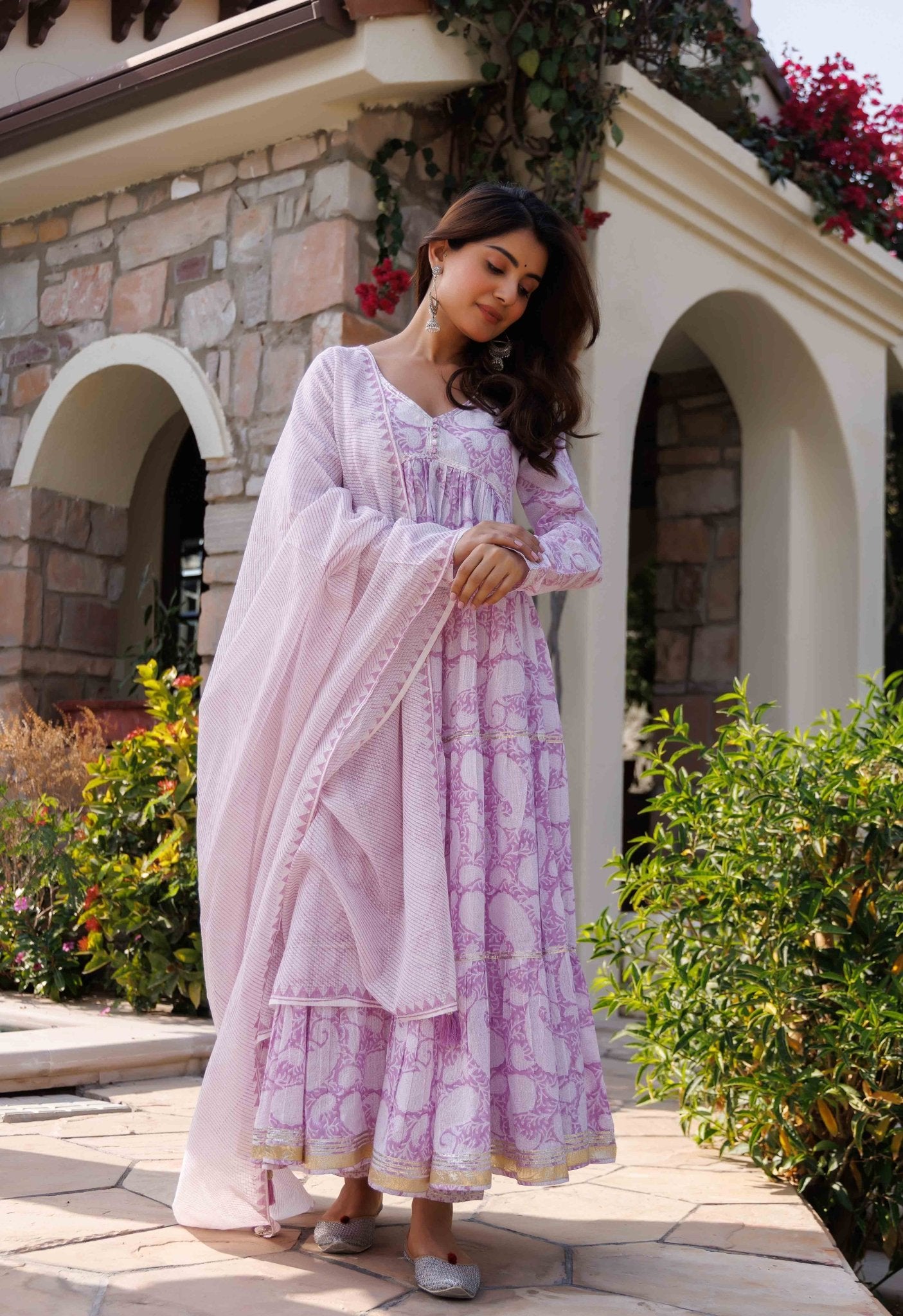 Purple floral tiered long dress with Pants and doriya dupatta (3pc set) - Tara-C-Tara