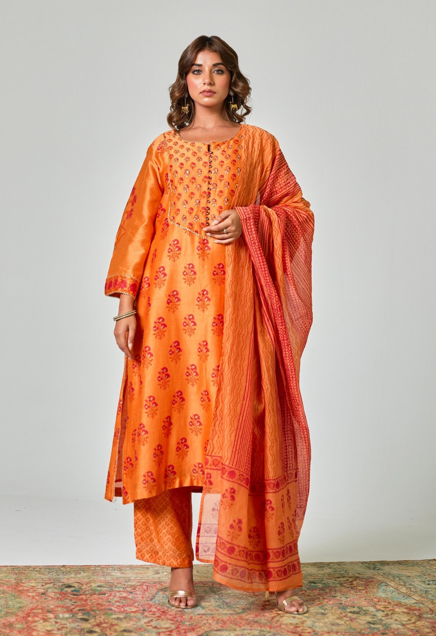 Radiant Fusion: Traditional Elegance in Orange - Red Floral Chanderi Handblock Printed suit set - Tara - C - Tara