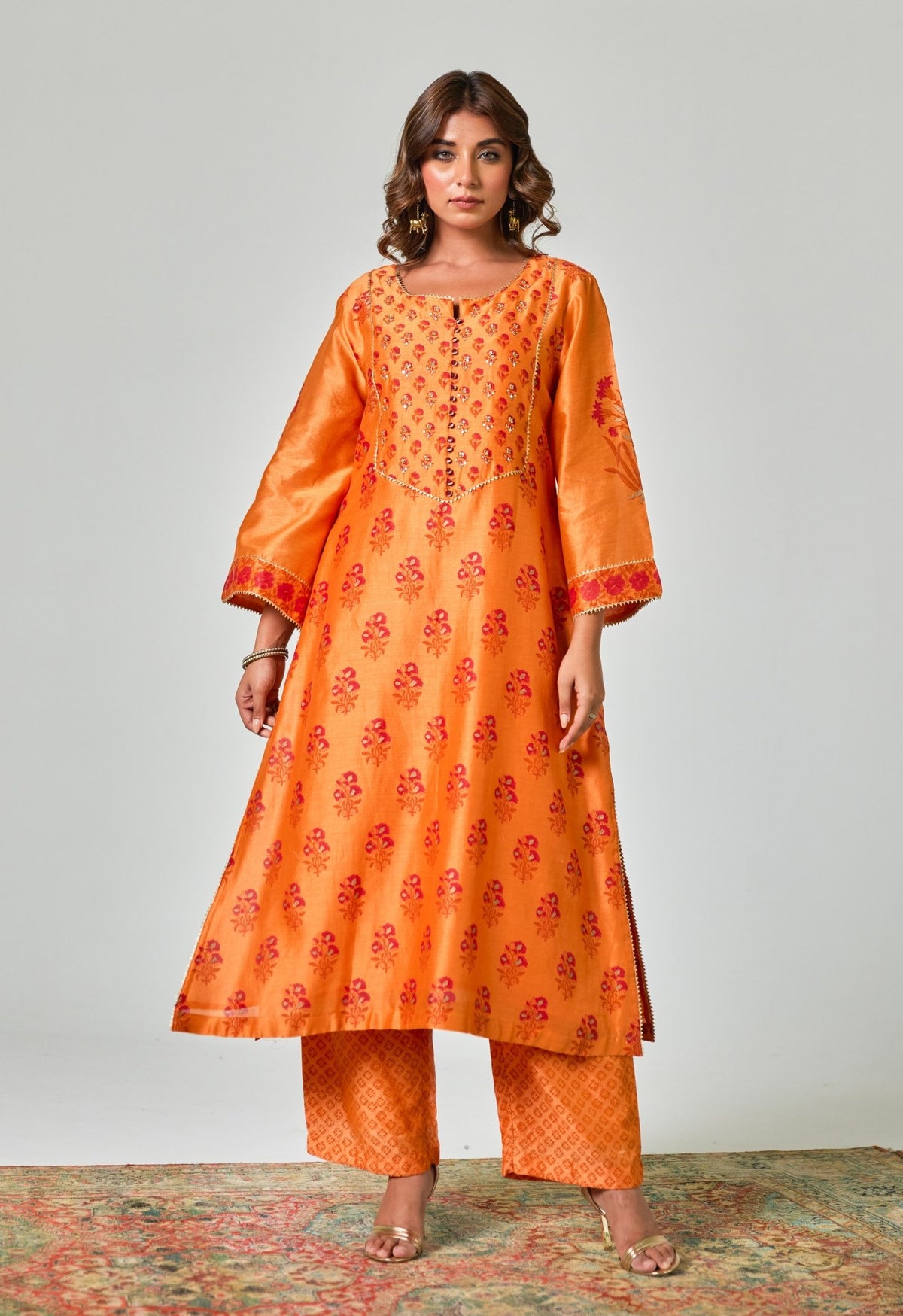 Radiant Fusion: Traditional Elegance in Orange - Red Floral Chanderi Handblock Printed suit set - Tara - C - Tara