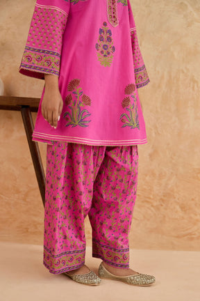 Rani Pink Floral Block Print Farsi Salwar Co-ord Set - Tara-C-Tara