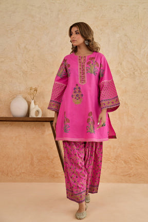 Rani Pink Floral Block Print Farsi Salwar Co-ord Set - Tara-C-Tara
