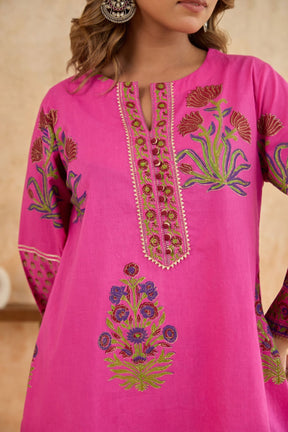 Rani Pink Floral Block Print Farsi Salwar Co-ord Set - Tara-C-Tara