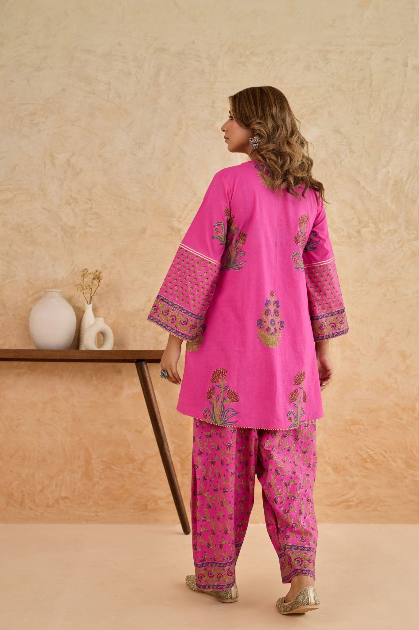 Rani Pink Floral Block Print Farsi Salwar Co-ord Set - Tara-C-Tara